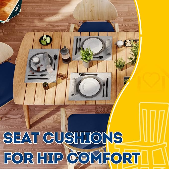 AAAAAcessories D-Shaped Chair Cushions, 2" Thick Dining Chair Pads with Ties and Removable, Machine-Washable Cover, 17" x 16", Set of 6, Blue