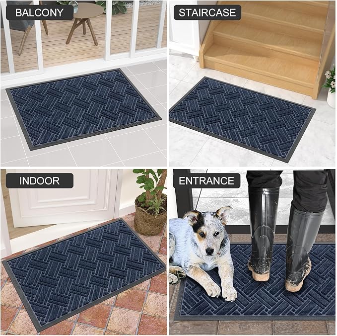 OLANLY Indoor Outdoor Mat, Sturdy Natural Rubber Floor Mat, Non Slip Low Profile Waterproof Doormat, and Stain Front Door Mats, Easy Clean Patio Entrance Mat, 36''x24'', Navy