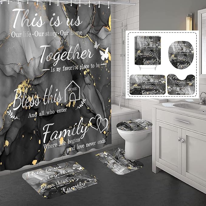 4Pcs Family Marble Shower Curtain Set,Dark Grey Home Inspirational Bathroom Sets with Shower Curtain and Rugs, Bathroom Decor Set,Waterproof Bathroom Curtains Shower Set,with 12 Pcs Hooks