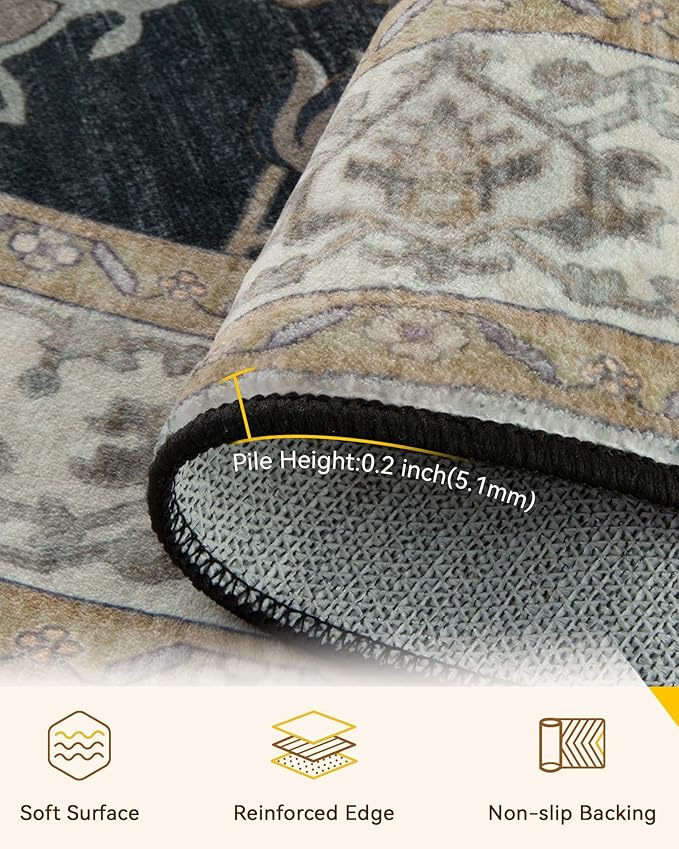 RELEANY Area Rugs Round 10ft Washable Non-Slip, Floral Vintage Distress Medallion Carpet for Living Room Bedroom Dining Room, Vintage Black Brown Neutral