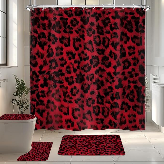 4 PCS Black Red Leopard Print Shower Curtain Set 72Wx72H,Toilet Lid Cover,Non-Slip Rugs and U-Shaped Mat,Wild Cheetah Bathroom Sets with Rugs with 12 Hooks for Bathroom Decor