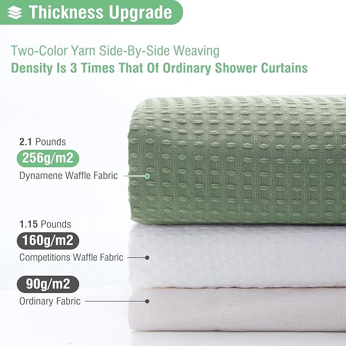 Dynamene Extra Wide Shower Curtain - 84 Inch Wide Waffle Weave Weighted Thick Cloth Bathroom Shower Curtain, Neutral Heavy Duty Hotel Bath Curtain Set with 14 Plastic Hooks, 84x72, Sage Green
