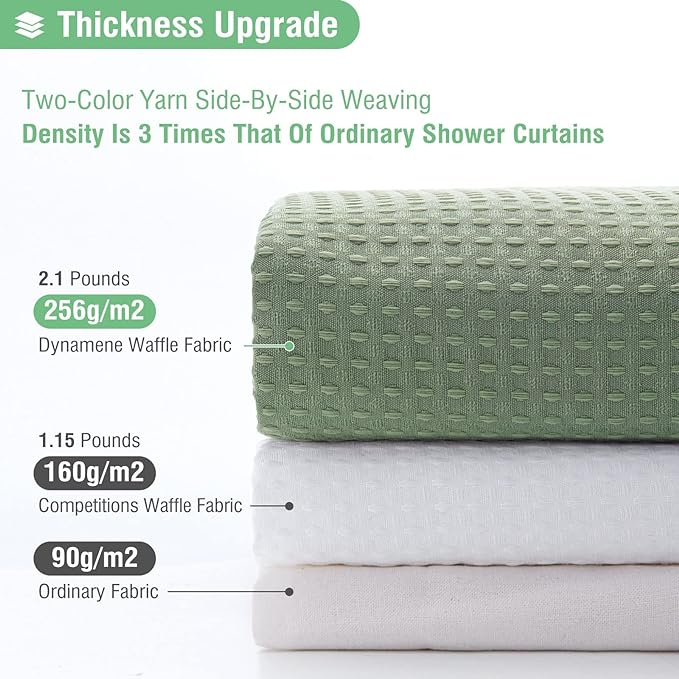 Dynamene Stall Fabric Shower Curtain - 48 inch Wide Waffle Weave Weighted Thick Cloth Shower Curtain for Bathroom, Neutral Heavy Duty Hotel Spa Luxury Bath Curtain Set with 8 Hook, 48x72, Sage Green