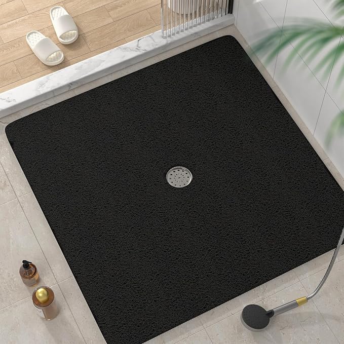 HITSLAM Square Shower Mat, 40 x 40 Inch Non Slip Bath Mat for Tub, Soft PVC Loofah Bathtub Mats with Drain Holes, Quick Drying Bathroom Stall Floor Mat, Bathroom Accessories Without Suction Cup, Black