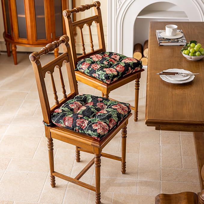 vctops Farmhouse Floral Print Chair Cushions with Ties U-Shaped Soft Comfortable Chair Pads Non Slip Seat Cushions for Indoor Dining Room and Kitchen Chairs (Flower F,16"x16")