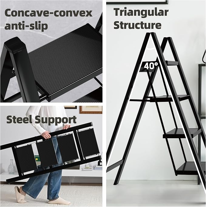 HillhutApex 4 Step Ladder, Lightweight Foldable 4 Step Stool with Anti-Slip Wide Pedal, 330lbs Capacity Aluminum Ladder for Household,Office,Garage(Black)