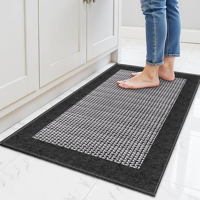 StepRite Kitchen Rugs, Kitchen Mats for Floor, 32"x20" Non-Slip Machine-Washable Kitchen Throw Rug, Absorbent Kitchen Runner Rugs Office, Kitchen Sink Standing Desk Mat, Kitchen Decor Carpet, Black