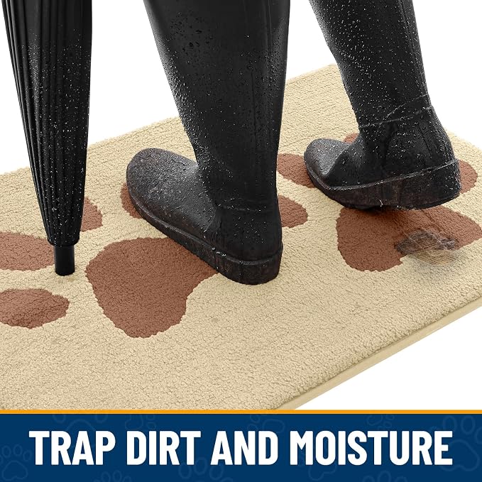 Smiry Dog Door Mat for Muddy Paws, Absorbs Moisture and Dirt, Low-Profile Entryway Mat with Non-Slip Backing, Entry Indoor Outdoor Doormat for Inside Floor (30x20 Inches, Light Beige, Paw)