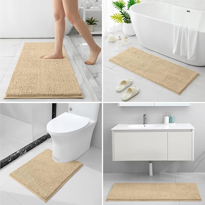 HOMEIDEAS 3 Pieces Bathroom Rugs, Extra Large Ultra Soft Non Slip Absorbent Chenille Toilet Bath Mat Set (Beige)
