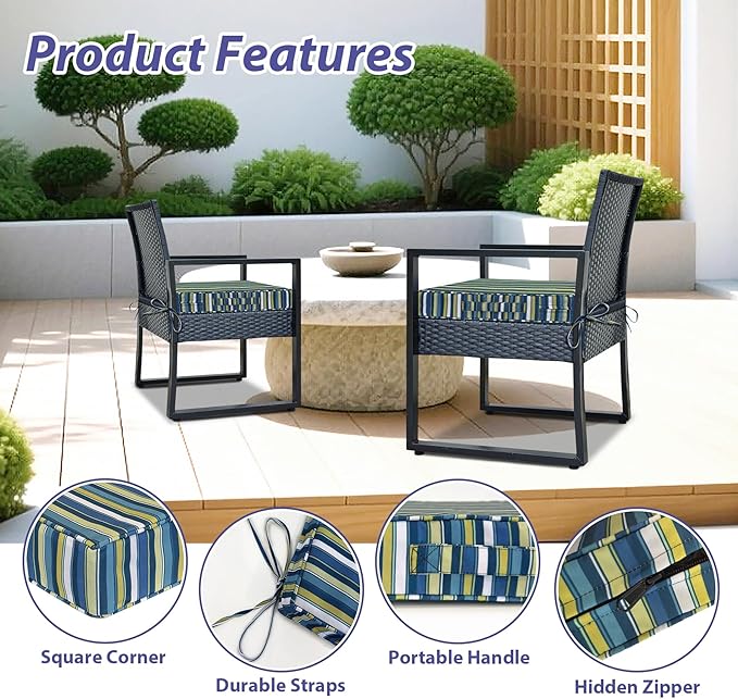 IPYNBAP Outdoor Chair Cushions Set of 4 -Waterproof Outdoor Seat Cushions for Patio Furniture, Patio Chair Cushion with Handle and Ties, Out Door Chair Pads,17x16x2-Square, Blue Stripe