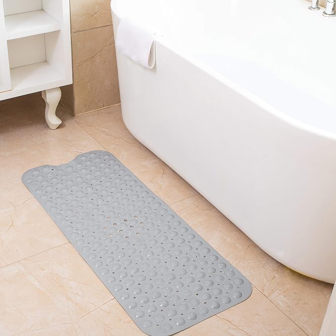 Bathtub and Shower Mats, Extra Long Non-Slip Bath Tub Mat 39 x 16 Inch, Machine Washable Bathmat with Suction Cups & Drain Holes for Bathroom Floor, Gray