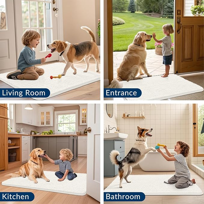 Smiry Dog Door Mat for Muddy Paws 30x20, Absorbent Dirt Trapper, Non-Slip Washable Chenille Entryway Rug for Inside Floor, Ivory, Classic Solid