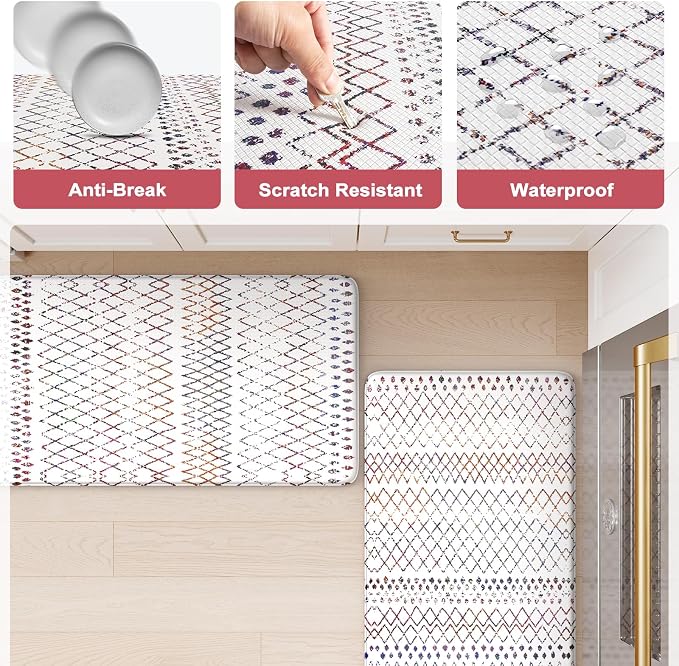 KIMODE Kitchen Mats 2PC Cushioned Anti Fatigue Boho Kitchen Rugs and Mats Non Slip Waterproof Kitchen Mats for Floor Comfort Foam Standing Desk Mat Colorful Laundry Room Rug for Home Decor Office Sink