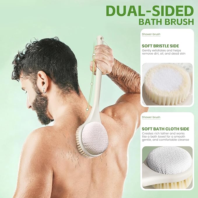 Back Scrubber for Shower with Long Handle, Dual-Sided Bath Brush with Soft Bristles & 150D Exfoliating Cloth, Anti-Slip Grip, Lightweight Back Washer for Shower, Men & Women (Light Yellow)
