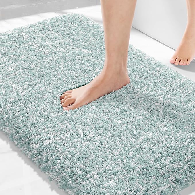Yimobra Bathroom Rugs Non Slip Washable 36X24, Ultra Soft and Water Absorbent Bath Mats, Plush Fluffy Shower Mat Outside, Luxury Microfiber Thick Matts for Bathroom Floor/Tub, Sky Light Blue and White