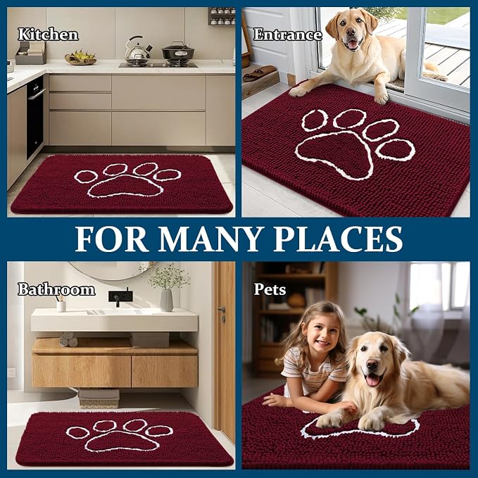 OLANLY Dog Door Mat for Muddy Paws 32x20, Paw Print Design, Absorbs Moisture and Dirt, Absorbent Non-Slip Washable Doormat, Quick Dry Chenille Mud Mat for Dogs, Entry Indoor Entryway Carpet, Burgundy
