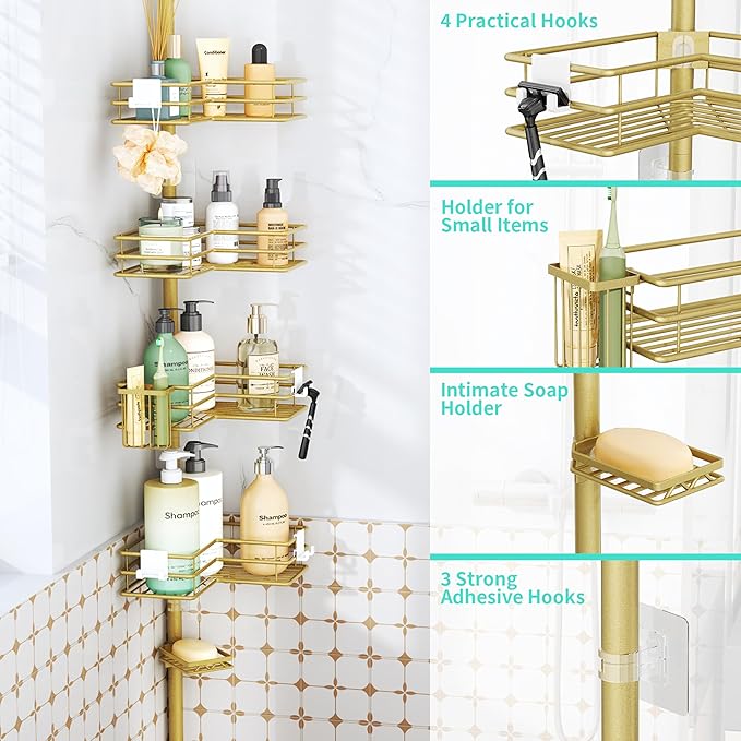 HapiRm Corner Shower Caddy Organizer - Shower Organizer Corner with Soap Holder, Toothbrush Holder and 4 Hooks, Rustproof Bathroom Shelf Tension Pole Available for 27.6 to 108.3 Inch - Gold