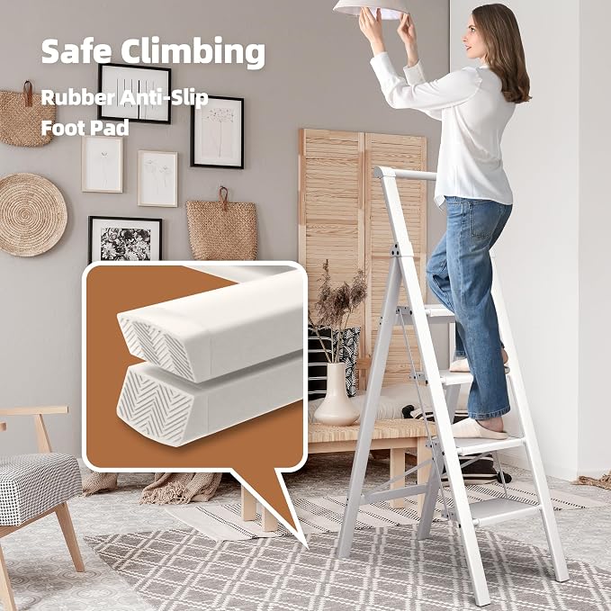 HillhutApex 4 Step Foldable Aluminum Step Ladder with Handgrip, Anti-Slip Pedal, 330 lbs Capacity, Lightweight & Portable for Home, Kitchen, Office, Garage (White)