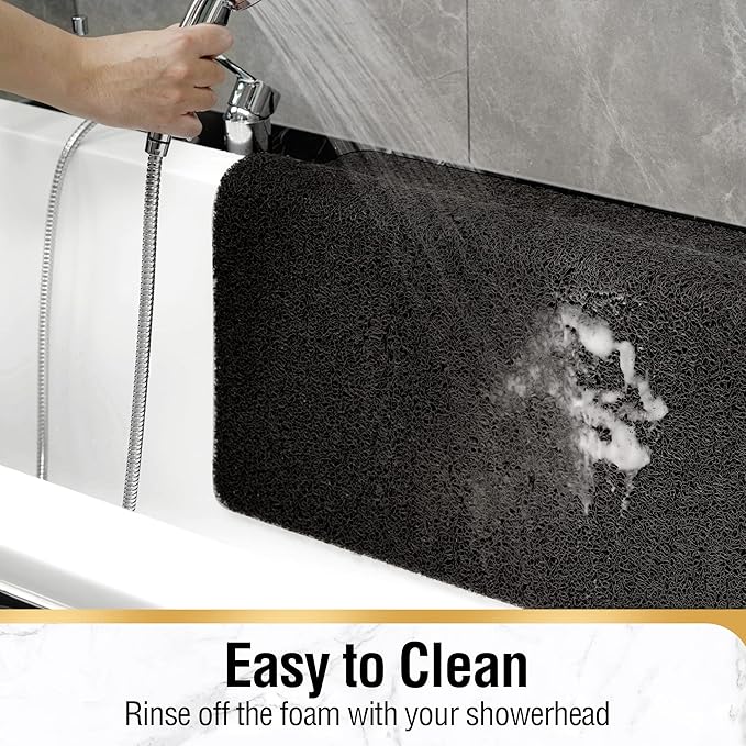 HITSLAM Non Slip Bathtub Mat 24 x 32 Inch, Extra Long Bath Mat for Tub, Soft PVC Loofah Shower Floor Mat with Drain, Quick Drying Bathroom Tub Mat for Wet Area, Without Suction Cup, Black