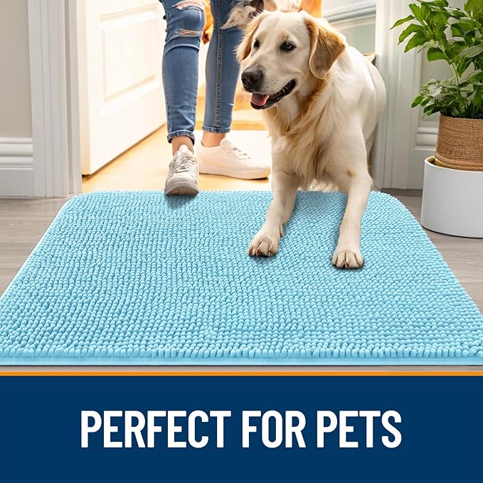 OLANLY Dog Door Mat for Muddy Paws 35x24, Absorbs Moisture and Dirt, Absorbent Non-Slip Washable Doormat, Quick Dry Chenille Mud Mat for Dogs, Entry Indoor Entryway Carpet for Inside Floor, Blue