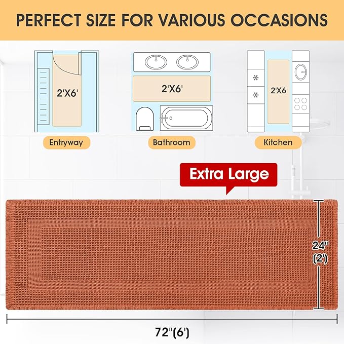 IM HOME Extra Large Waffle Bath Mat, Boho Bathroom Rugs Absorbent Non Slip, Ultra Soft Bathroom Mat, Machine Washable Knit Bath Rugs with Tassels for Bathroom, Bedroom, Kitchen, 6'x2', Burnt Orange