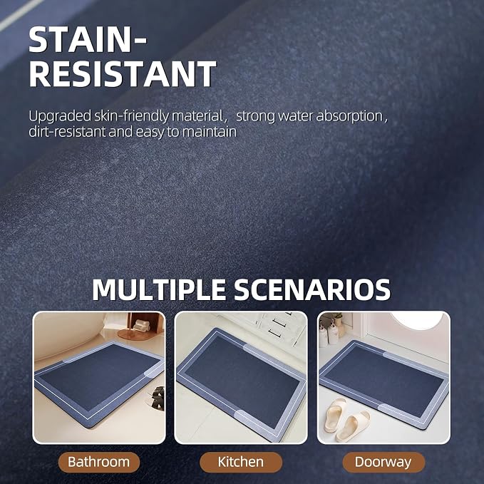 Large Bath Mat Rug, Rubber Non Slip Bath Mat Super Absorbent Quick Dry Bathroom Floor Mat Thin Bathroom Rugs Fit Under Door-Shower Rug for in Front of Bathtub Shower, Blue, Easy to clean, 23.6"x35.4"