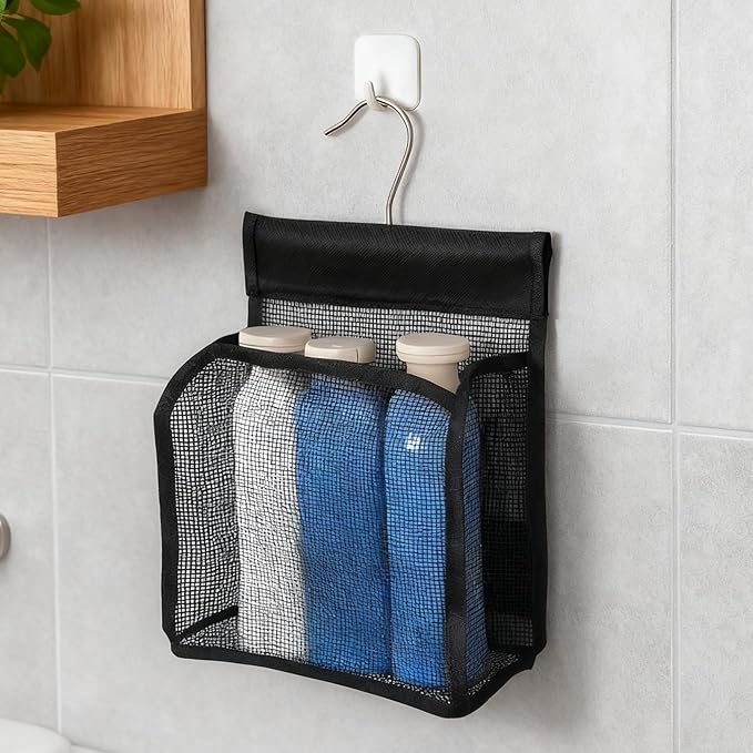 Shower Caddy Hanging, Mesh Shower Caddy, PVC Bathroom Storage Bag for College Dorm, Gym, Swimming, RV and Travel, Black