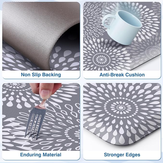 LuxStep Kitchen Mats for Floor,0.47 inch Thicker Cushioned Rug Anti-Fatigue Mats for Kitchen Decor Accessories,Waterproof Non-Slip Mats and Rugs Set for Office,Laundry 17.3"×29"+17.3"×47",Grey