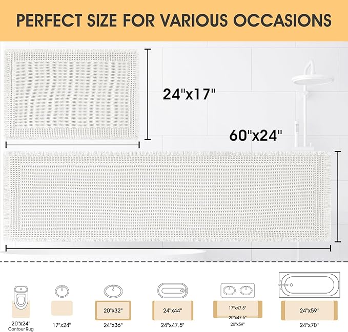 Upgrade Waffle Bath Mat Set 2 Piece, Boho Bathroom Rugs Absorbent Non Slip, Ultra Soft Bathroom Mat, Machine Washable Knit Bath Rugs with Border for Bathroom, Bedroom, Kitchen, Shower, Tub, White