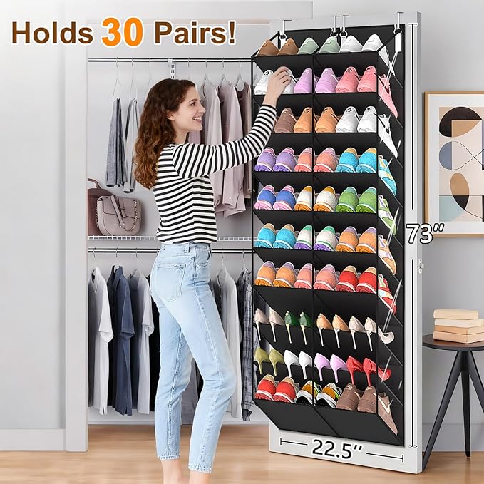 UVIAHOMI 20-30 Pairs Over the Door Shoe Organizer, Clear Pockets Hanging Shoe Storage for Closet, 10-Tier Door Shoes Rack, Handing Shoes Holder Fit All the Family's Sneakers, Boots, Heels, Black