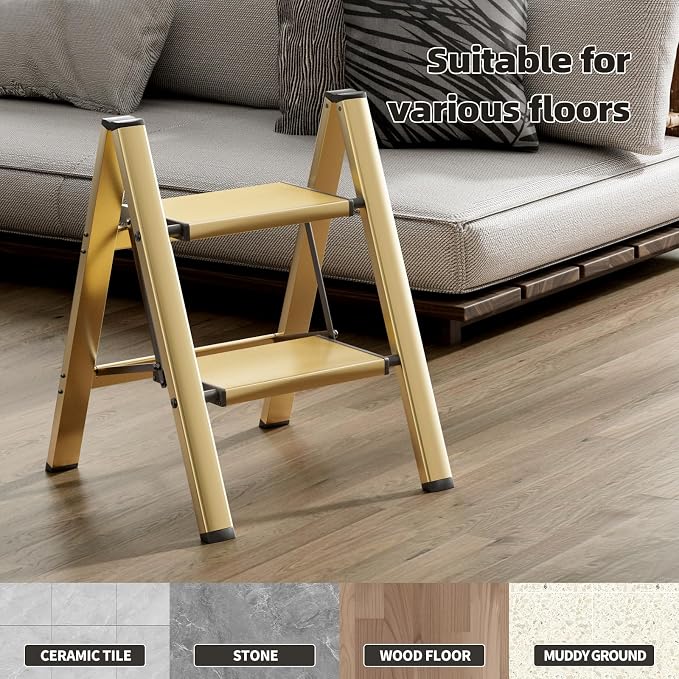HillhutApex 2 Step Ladder, Lightweight Portable 2 Step Stool with Anti-Slip Wide Pedal,330lbs Capacity Aluminum Ladder for Household,Office,Library(Gold)
