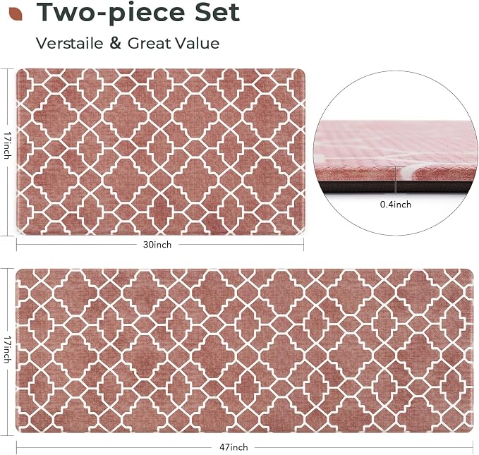 FRESHMINT Kitchen Mat Set of 2, Anti-Fatigue Cushioned Kitchen Mats for Floor, Waterproof Non Slip Comfort Standing Mat, Boho Kitchen Rug for Kitchen Decor, Sink, Office, 17"x30"+17"x47", Terracotta