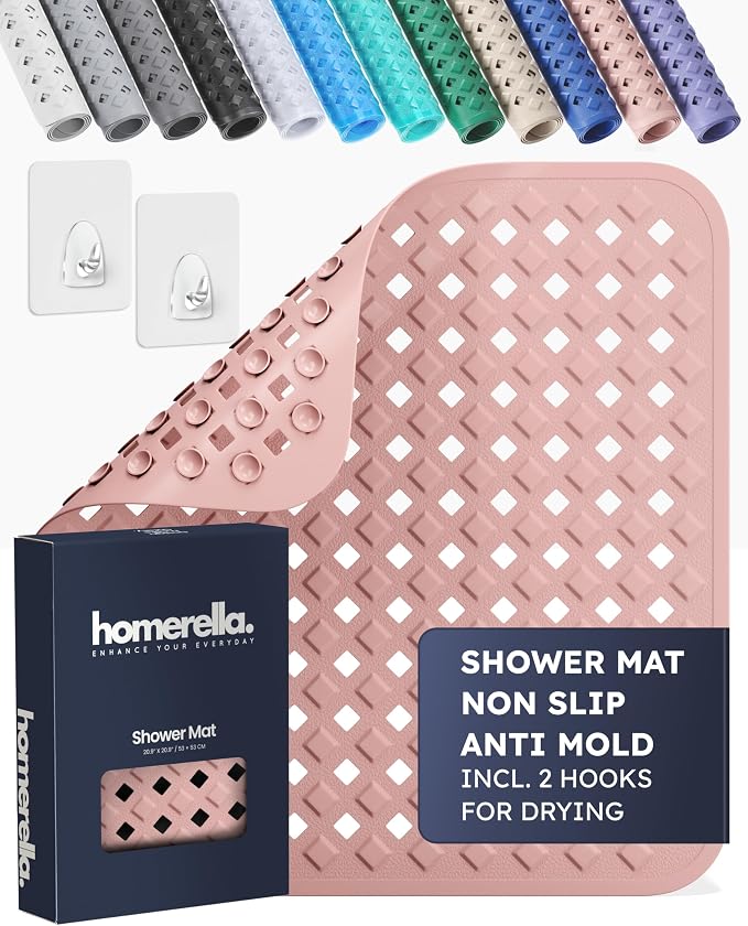 homerella® Shower Mat Non Slip Anti Mold, Non Slip Shower Mats for Inside Shower Stall Anti Slip Mat, Square Shower Floor Mat 21 x 21 in with Suction Cups & Hooks for Quick Drying, Machine Washable