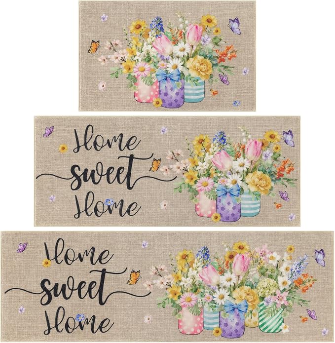 Vaukki Boho Kitchen Rug Sets 3 Pieces, Washable Kitchen Mats for Floor, Non Slip Soft Kitchen Area Rug Floor Mat for Kitchen, Laundry Room and Hallway (Spring Vase, 20''x32''+20''x47''+20''x59'')