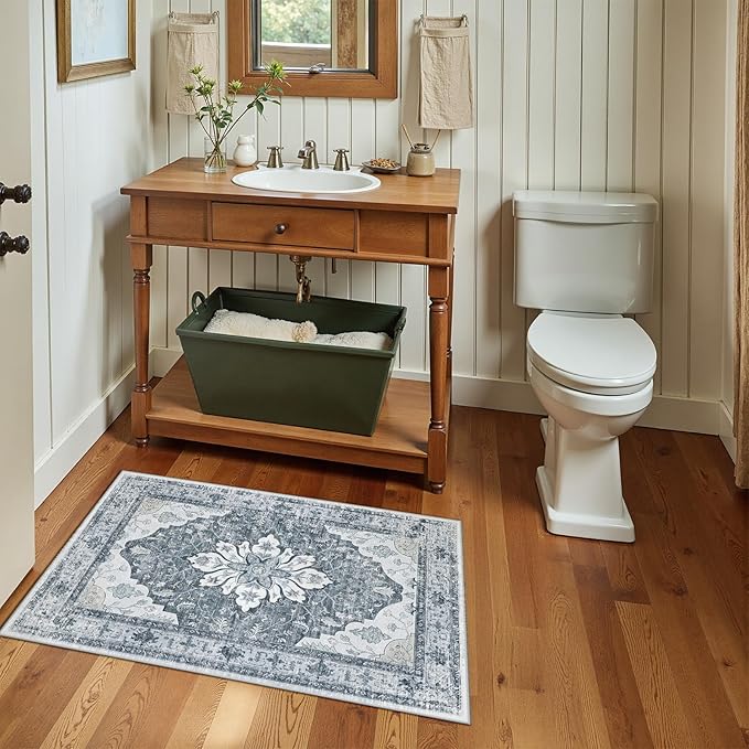 RELEANY Area Rugs Small 2'x3' Washable Non-Slip, Floral Vintage Distress Medallion Carpet for Kitchen Entryway Bathroom, Light Gray Grey White