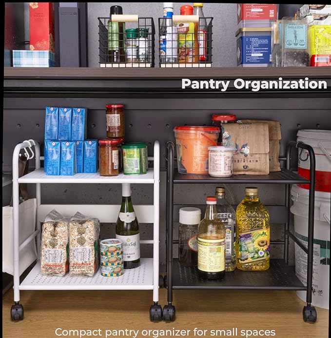 2-Tier Metal Rolling Cart, Under Desk Storage with 12.2" Shelf Clearance, Anti-Drop Guard & Hooks, Compact Utility Cart for Kitchen, Office, Laundry, Bathroom, Pantry, Living Room - Black