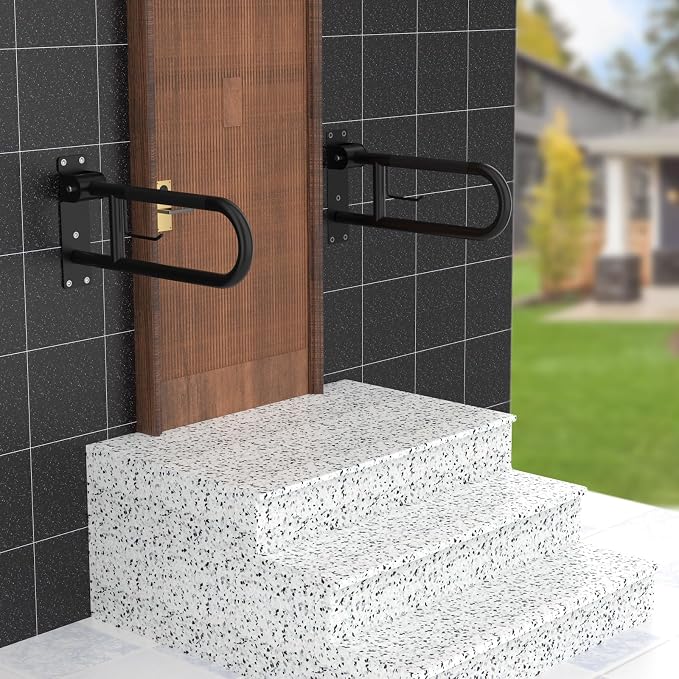 Toilet Grab Bar 24 Inch Black, Munzong Anti-Slip Handicap Grab Bars with Paper Holder, Flip-Up Bathroom Safety Rails, Stainless Steel Knurled Support handrails for Seniors Elderly Disabled Pregnant