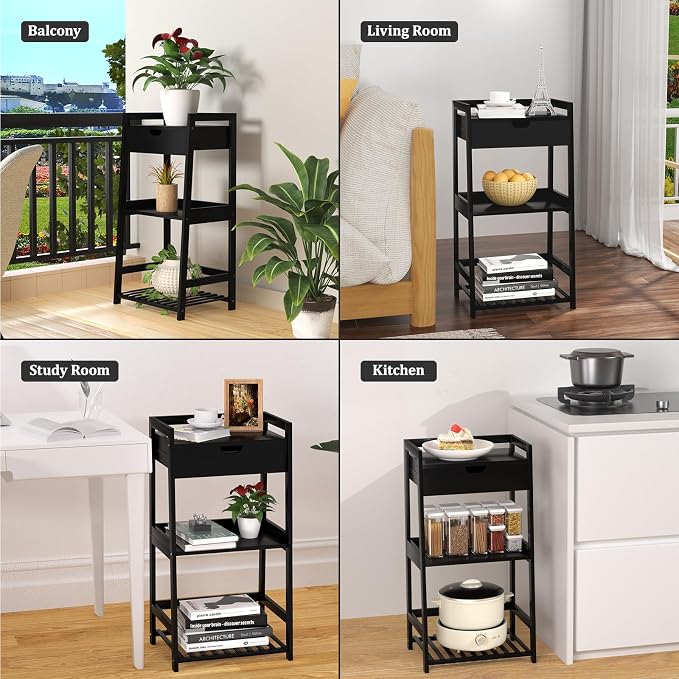 POXAKA 3 Tier Bamboo Bathroom Shelves with Drawer, Ladder Shelf for Bathroom Storage, Space-Saving Design, Stylish Display Nightstand, Stylish Storage Solution for Home, Living Room, Kitchen, Office