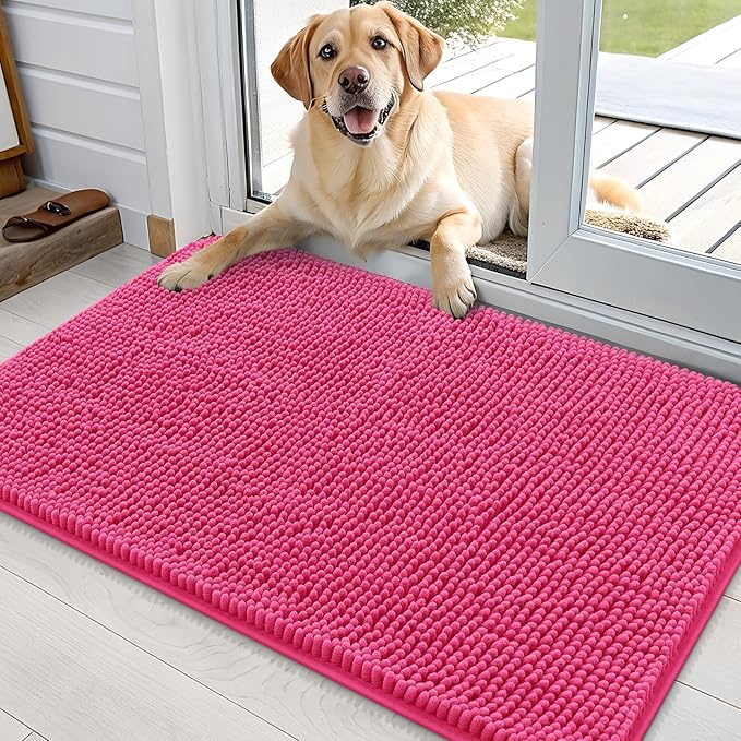 OLANLY Dog Door Mat for Muddy Paws 35x24, Absorbs Moisture and Dirt, Absorbent Non-Slip Washable Doormat, Quick Dry Chenille Mud Mat for Dogs, Entry Indoor Entryway Carpet for Inside Floor, Hot Pink