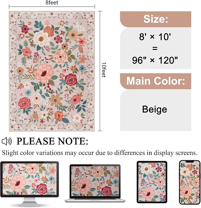 DUKINO 8x10 Area Rug, Floral Rugs for Living Room, Lightweight Non Slip Washable Rug, Indoor Low Pile & Non-Shedding Boho Design Rugs for Bedroom, Living Room, Dining Room, Beige
