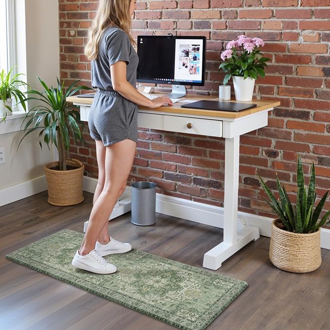 GENIMO Kitchen Mats for Floor 2PCs, Washable Anti Fatigue Mat for Cushioned, 17.3"x59"+17.3"x30", Waterproof Kitchen Rugs, Non Slip Comfort Standing Mat Rug for Home, Sink, Laundry, Light Green