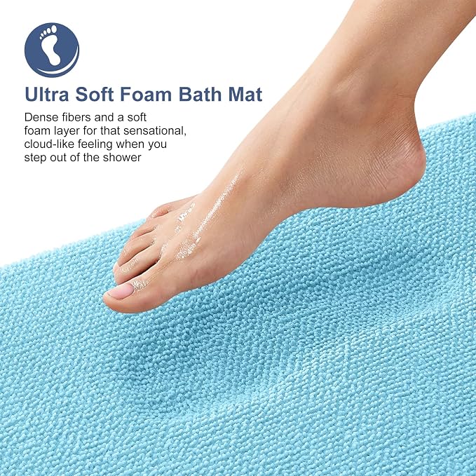 OLANLY Thick Memory Foam Small Bathroom Rugs 24x16, Extra Soft Absorbent Bath Rug, Quick Dry Bath Mats, Non-Slip, Machine Washable Carpet for Bathroom, Tub and Shower, Home Decor Accessories, Sky Blue
