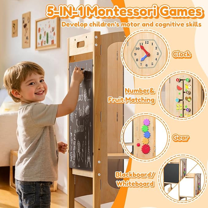 Foldable Toddler Tower, Kitchen Stool Helper with 2 Step Stool, Toddler Standing Tower for Kids with Safety Net, Adjustable Height, Chalk-Whiteboard &Montessori Activity Games