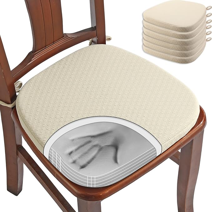 BUYUE Luxury Memory Foam Chair Cushions 6 Pack, Jacquard 16" U-Shape Comfortable Dining Chair Pads, Removable Slip Resistant Kitchen Chair Seat Cushions (Set of 6, Beige)