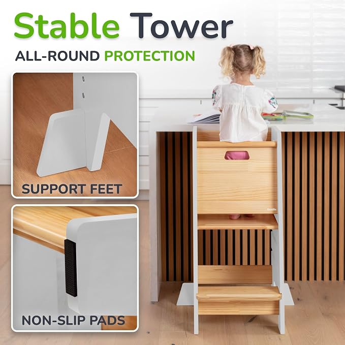 OCODILE Toddler Tower with a Sliding Door and 3 Adjustable Heights - Safe Toddler Kitchen Step Helper with Support Feet - Updated Design for 18+ Months to 6-Year-Old Kids - White
