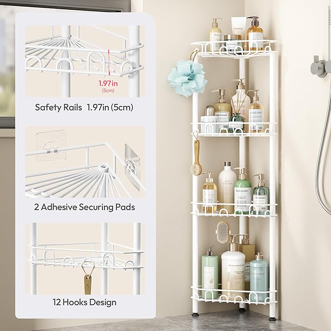 SWTYMIKI Standing Shower Caddy Corner - 4‑Tier Stainless Steel Shower Organizer Shelf with 16 Hooks and Adhesive Pads, Rustproof Corner Shelves Stand Rack for Bathroom Shower Room, white