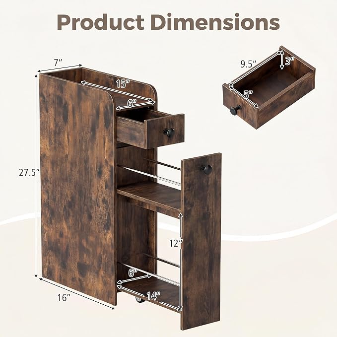 COSTWAY Slim Bathroom Cabinet, 7" Wide Space-Saving Storage with 2-Tier Slide-Out Drawer, Shelf & Toilet Paper Holder, Freestanding Narrow Organizer for Bathroom, Laundry & Small Spaces (Rustic Brown)