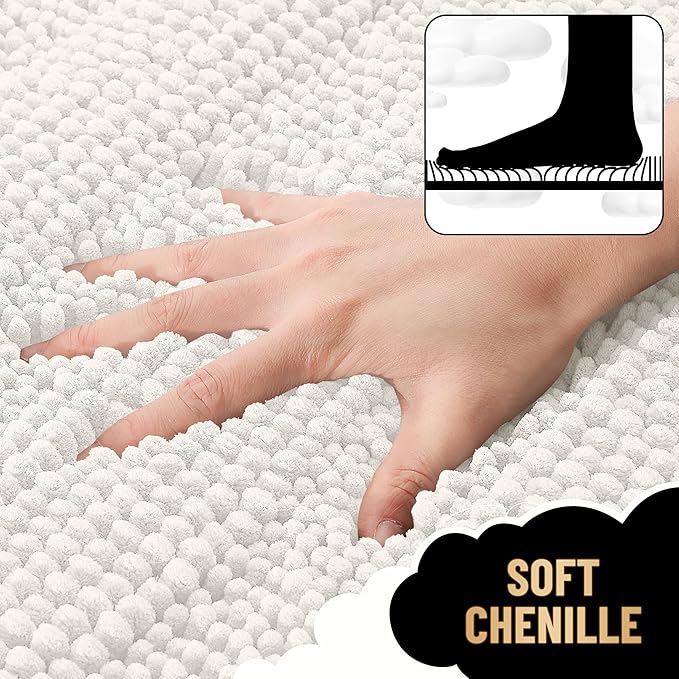 OLANLY Thick Large Bathroom Rugs 45x27, Extra Soft Absorbent Chenille Striped Bath Rugs, Rubber Backing, Machine Wash Dry, Bath Mats for Bathroom Floor, Tub and Shower, Home Decor Accessories, Ivory