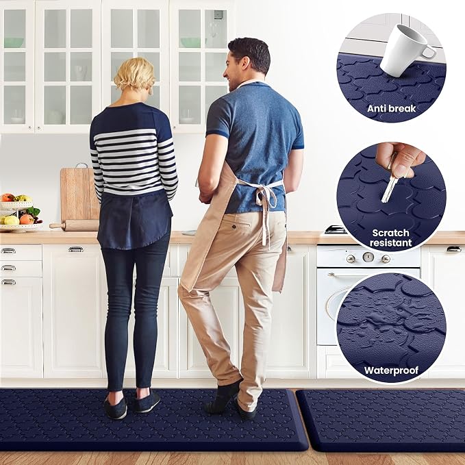 Kitchen Mat [2 PCS] Cushioned Anti-Fatigue Floor Mat Water Resistant Non-Skid Kitchen Mats and Rugs Ergonomic Comfort Foam Kitchen Rugs Standing Mat for Floor Office Sink (Blue,20"x30"+20"x60")
