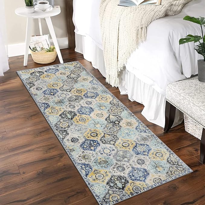 Lahome Moroccan Washable Hallway Runner Rug, 2'5''x8' Ultra-Thin Carpet Runners for Hallways Kitchen, Oriental Non-Slip Laundry Room Rug for Entryway Bedroom Bathroom Elise, Yellow/Aqua